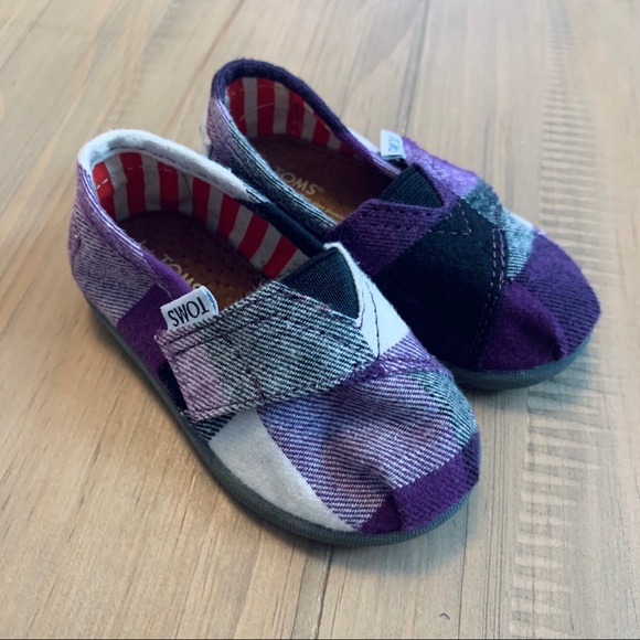 Toms Other - Toms Shoes Baby Size 3 White Black Purple Plaid Hook & Loop Infant